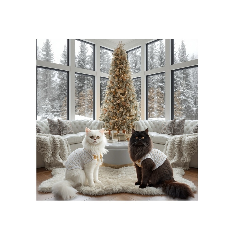 HANDCRAFTED digital art print Festive Feline Holiday Sweaters - White and Brown